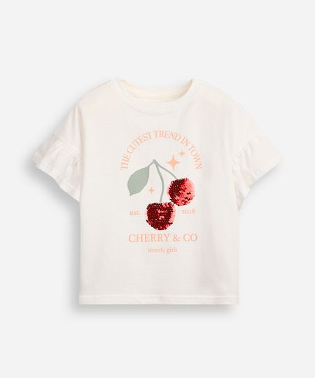 camiseta de algodão infantil manga com babado e paetê off white 4