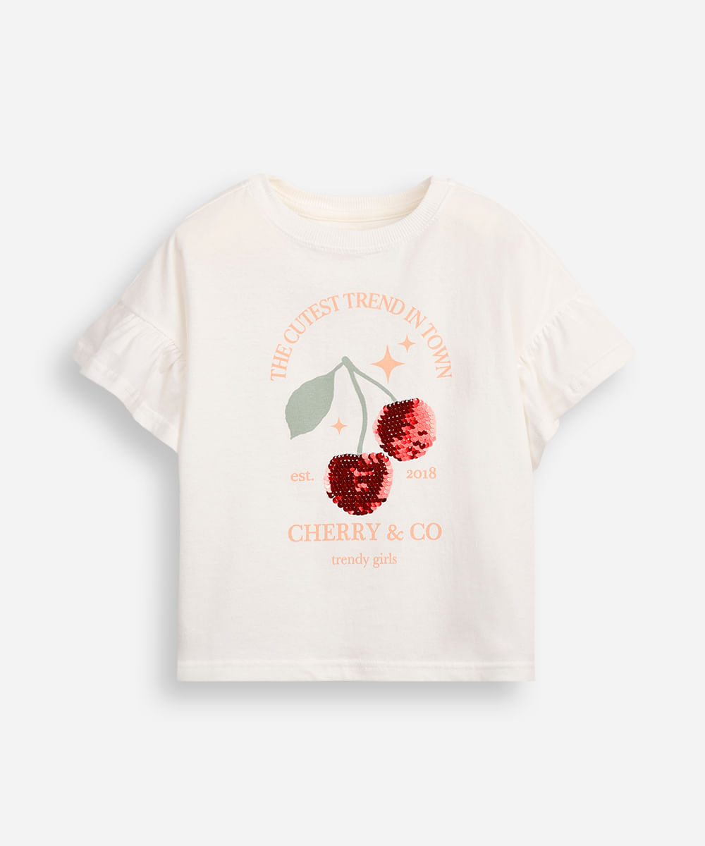 camiseta de algodão infantil manga com babado e paetê off white