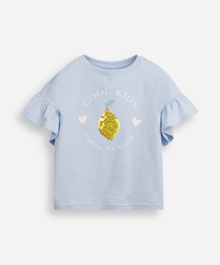 camiseta de algodão infantil manga com babado e paetê azul 4