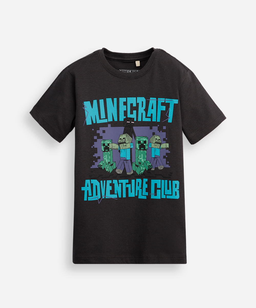 camiseta de algodão infantil manga curta minecraft cinza