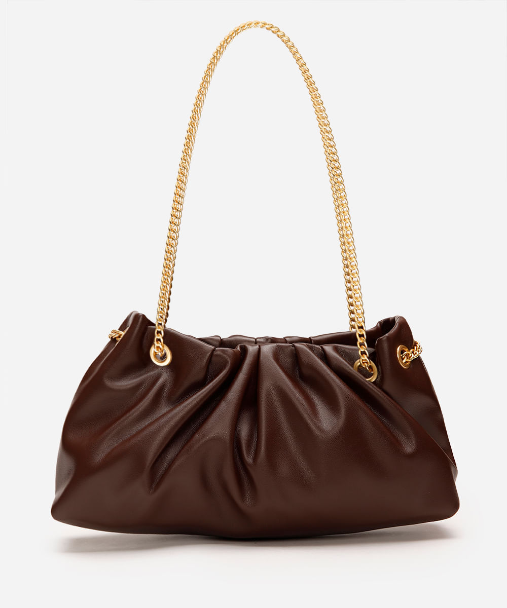 bolsa shoulder feminina com pregas e alça de corrente marrom