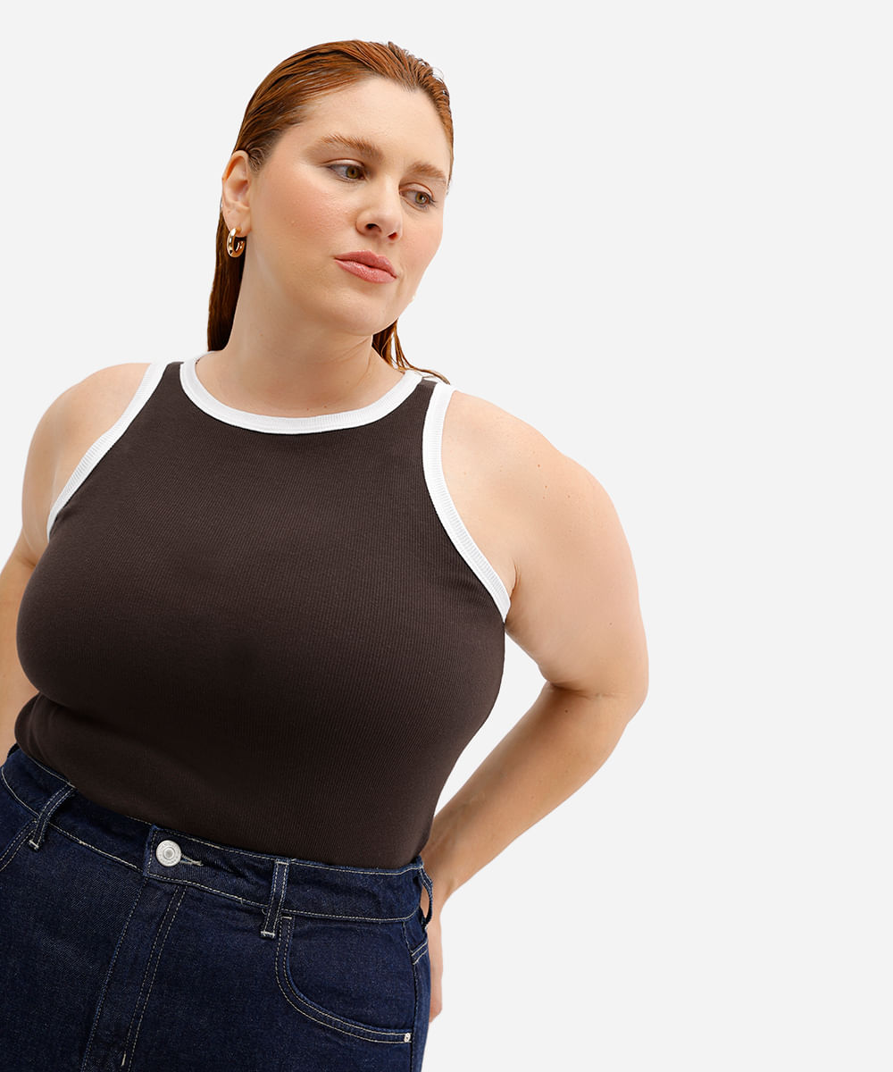 regata plus size de algodão canelada - marrom escuro