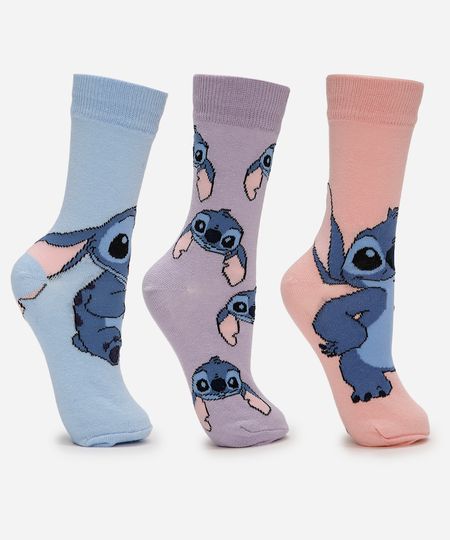 kit de 3 pares de meias infantis cano alto stitch colorida 22-25 kit de 3 pares de meias infantis cano alto stitch colorida 22-25