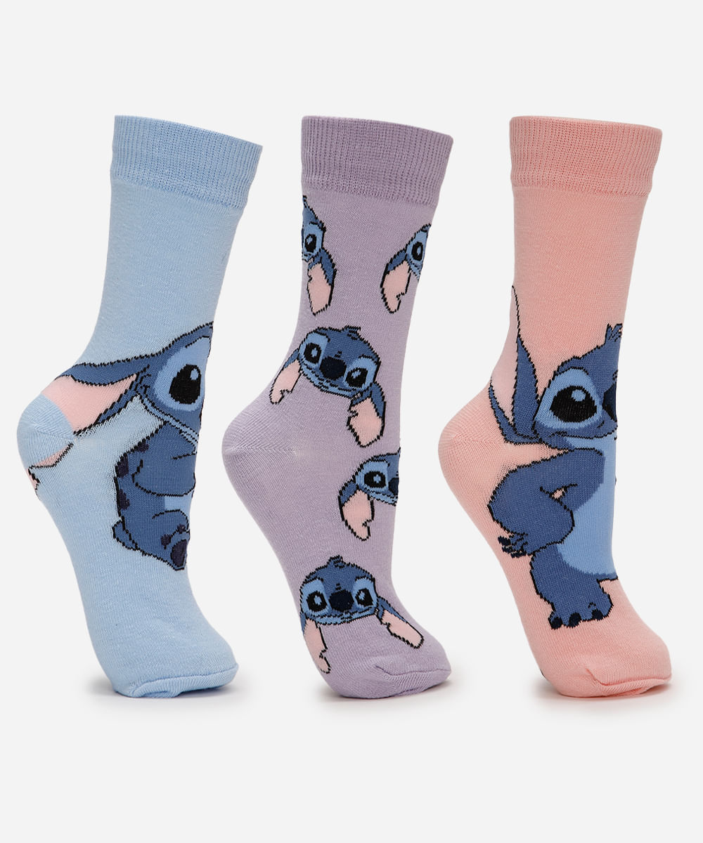 kit de 3 pares de meias infantis cano alto stitch colorida