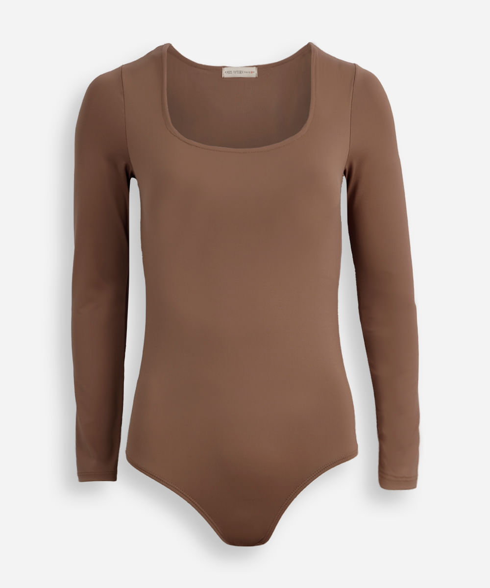 body juvenil manga longa decote quadrado marrom