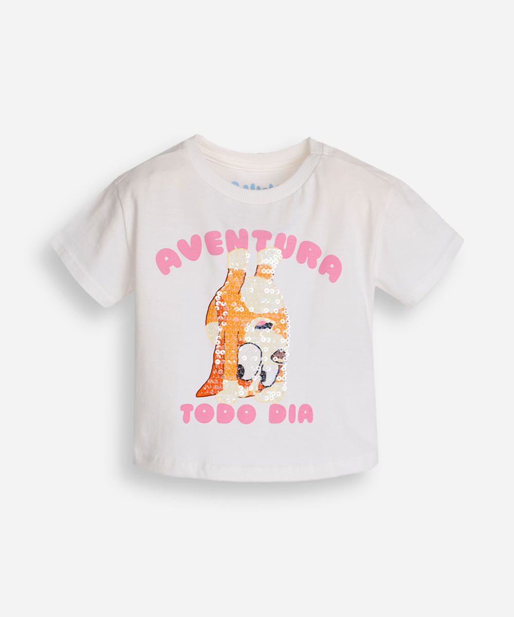 camiseta de algodão infantil bluey com paetê off white