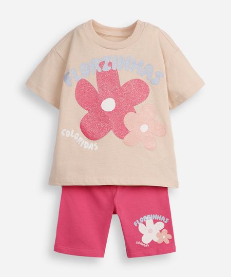 conjunto curto infantil de algodão florzinhas bege 1