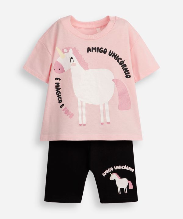 conjunto curto infantil de algodão amigo unicórnio rosa 3