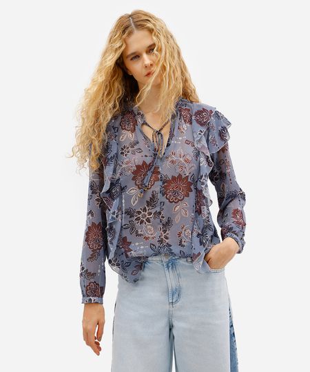 bata feminina manga longa com babados floral azul G