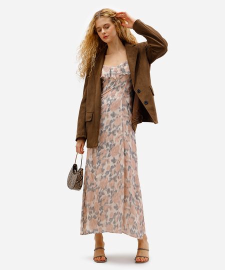 vestido longo feminino com babados floral rosa P