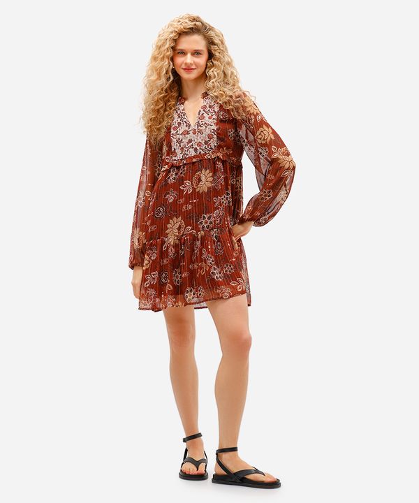 vestido curto feminino com recortes e lurex floral marrom GG