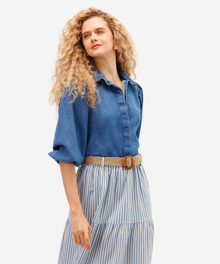 camisa feminina jeans manga bufante azul PP