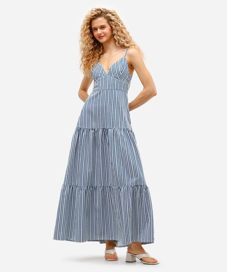 vestido longo feminino de sarja com recortes listrado azul G