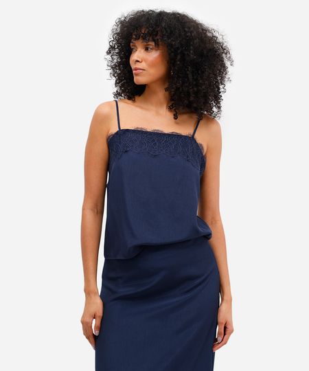 blusa acetinada feminina com renda azul PP blusa acetinada feminina com renda azul PP