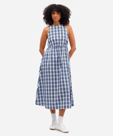 vestido halterneck feminino xadrez azul P vestido halterneck feminino xadrez azul P