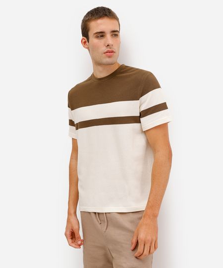 camiseta comfort texturizada listrada manga curta bege M camiseta comfort texturizada listrada manga curta bege M