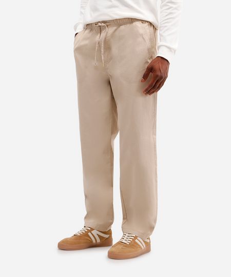 calça reta masculina de sarja cós elástico bege 38