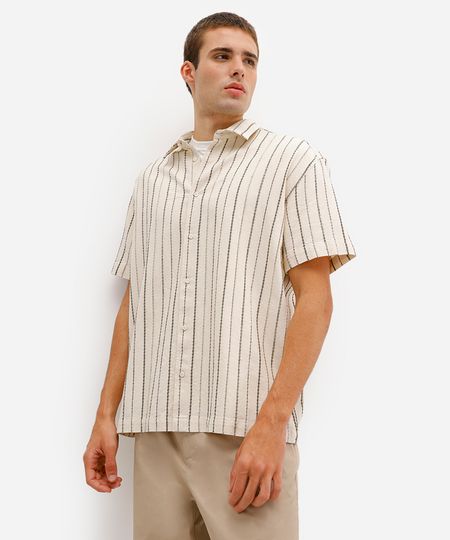 camisa masculina de algodão listrada texturizada bege G