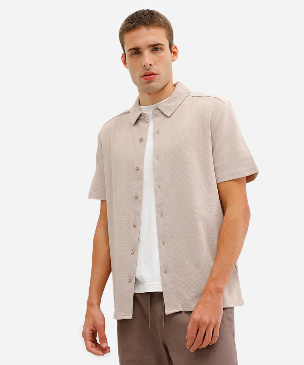 camisa comfort masculina malha piquet bege
