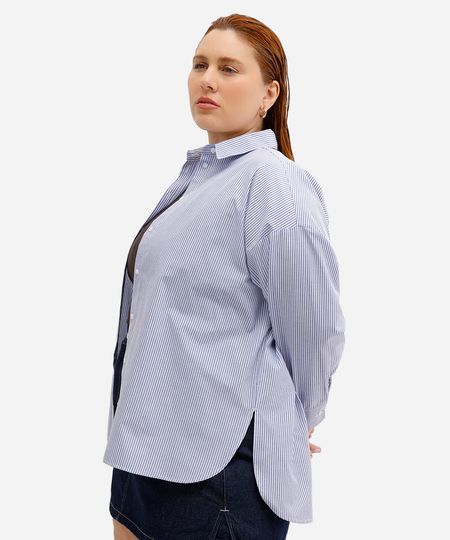 camisa feminina de algodão oversized plus size listrada azul GG camisa feminina de algodão oversized plus size listrada azul GG