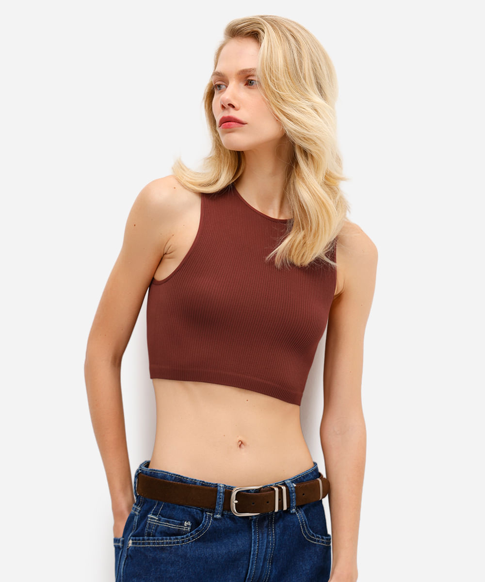 top cropped feminino halter neck de poliamida marrom