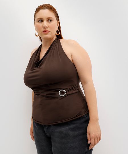 blusa frente única feminina com transpasse plus size mindset marrom GG2