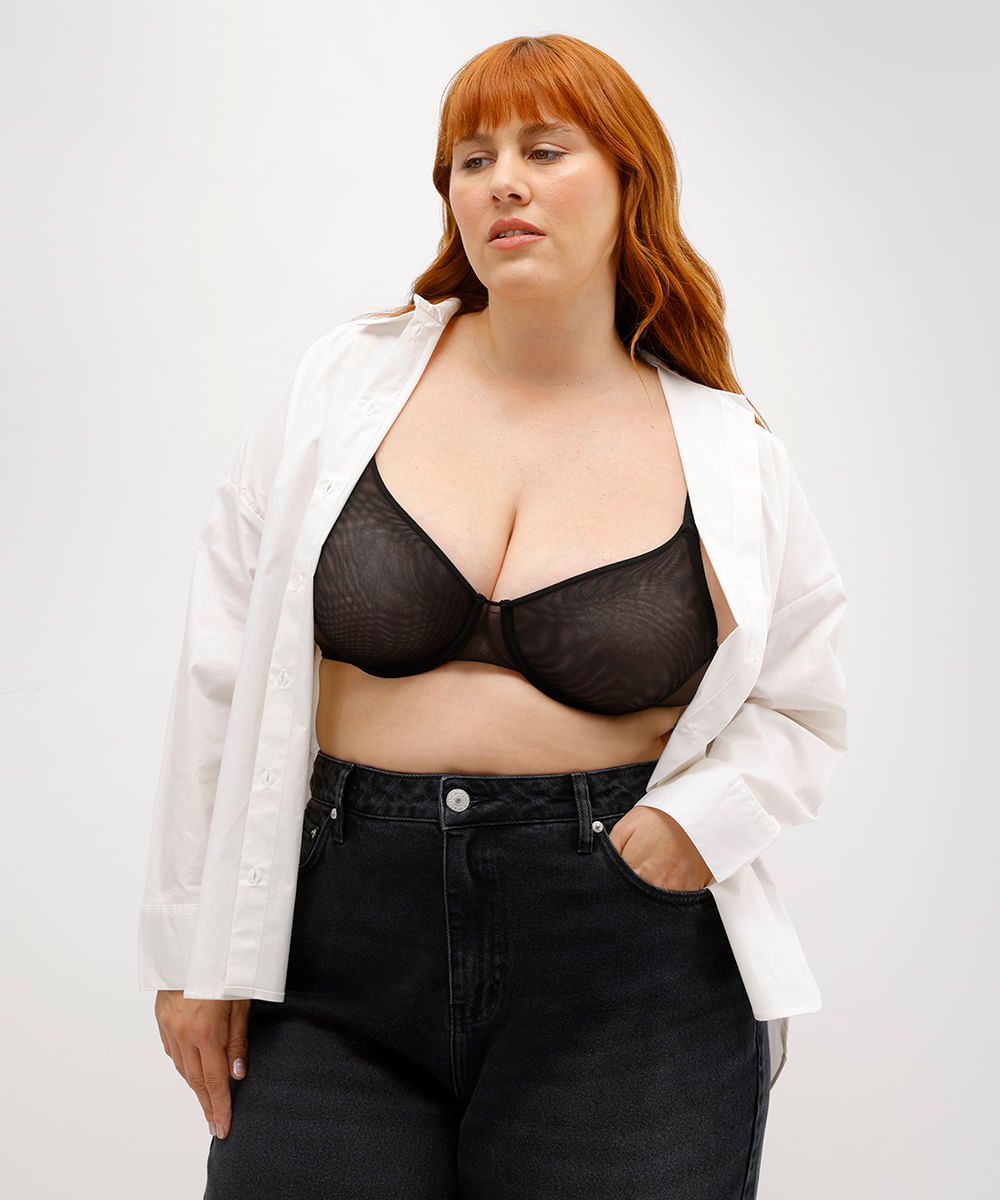 sutiã feminino meia taça plus size de tule mindset preto