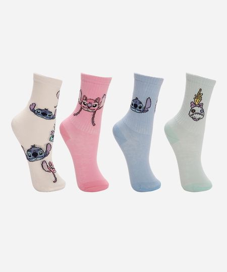 kit de 4 meias infantis cano alto stitch e amigos colorida 26-29 kit de 4 meias infantis cano alto stitch e amigos colorida 26-29