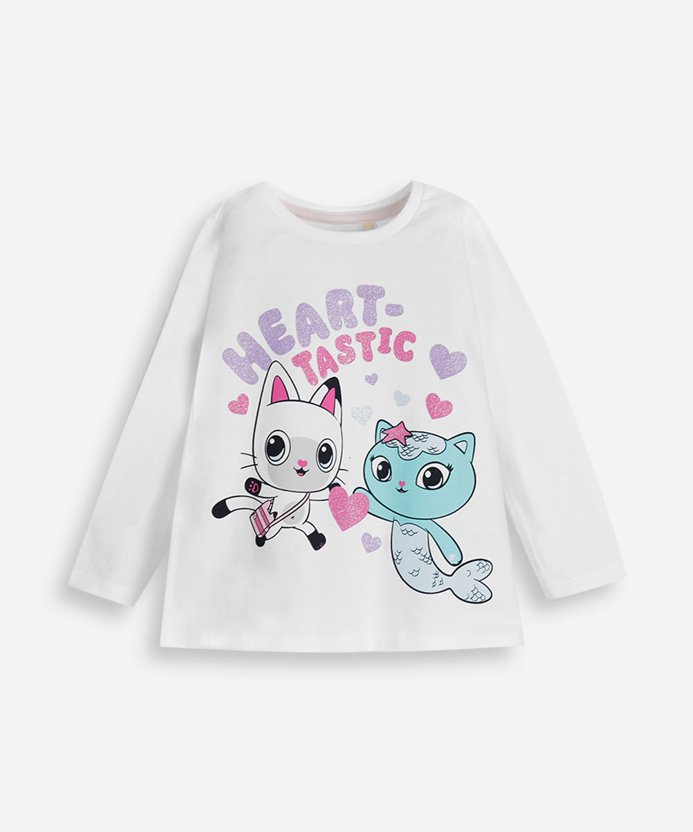 blusa de algodão infantil a casa mágica da gabby com glitter off white