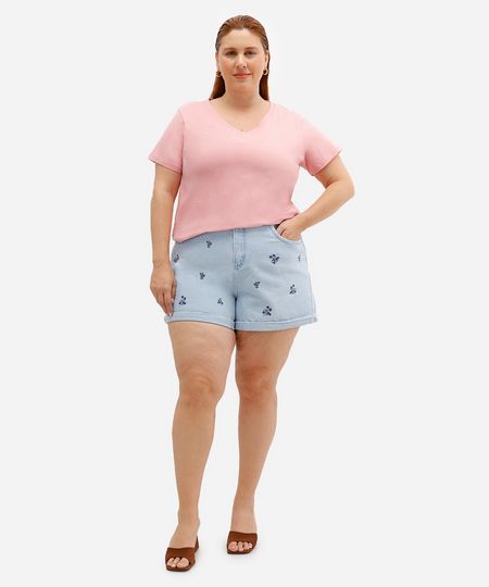 short mom feminino jeans bordado floral plus size azul 50