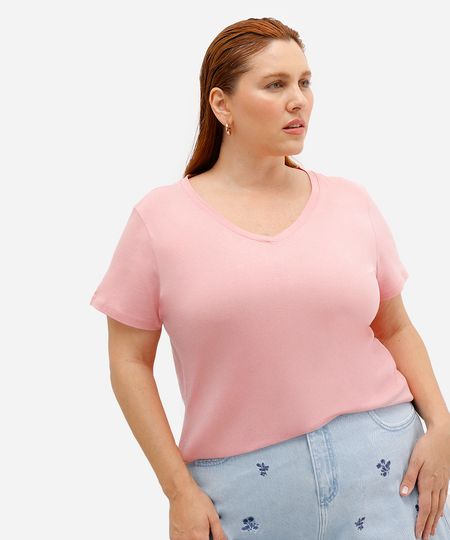 blusa plus size manga curta decote v rosa GG1 blusa plus size manga curta decote v rosa GG1