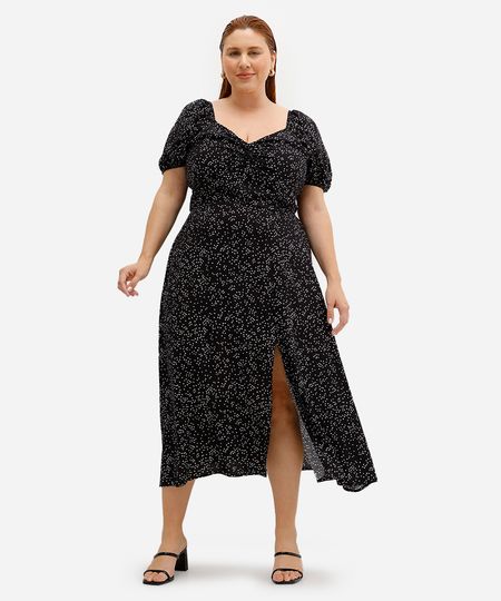 vestido midi feminino de viscose poá plus size preto GG vestido midi feminino de viscose poá plus size preto GG