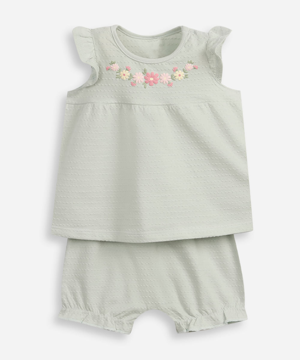 conjunto curto infantil texturizado floral verde