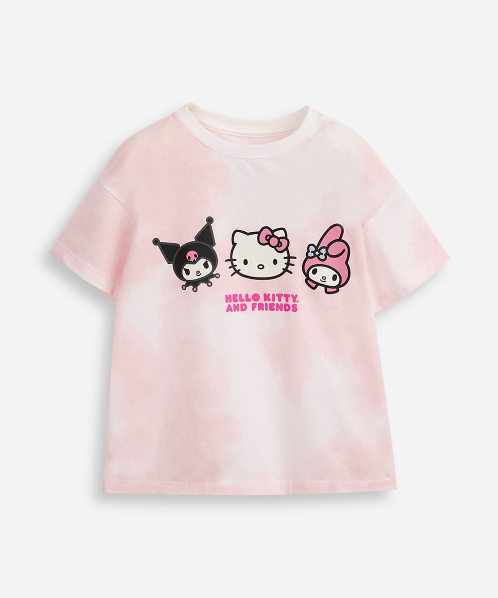 camiseta de algodão infantil hello kitty tie dye rosa