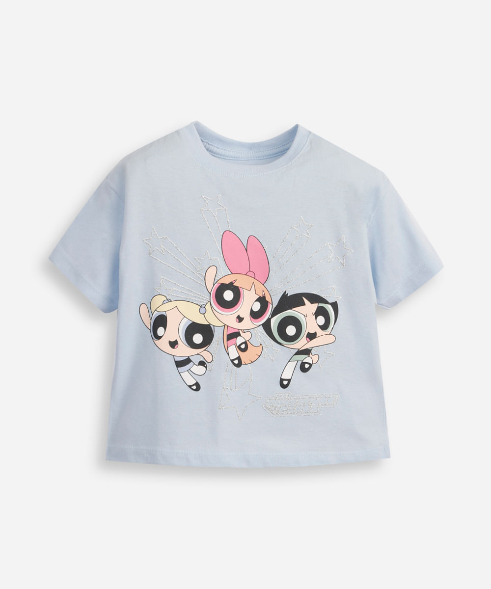 camiseta de algodão infantil as meninas super poderosas com glitter azul