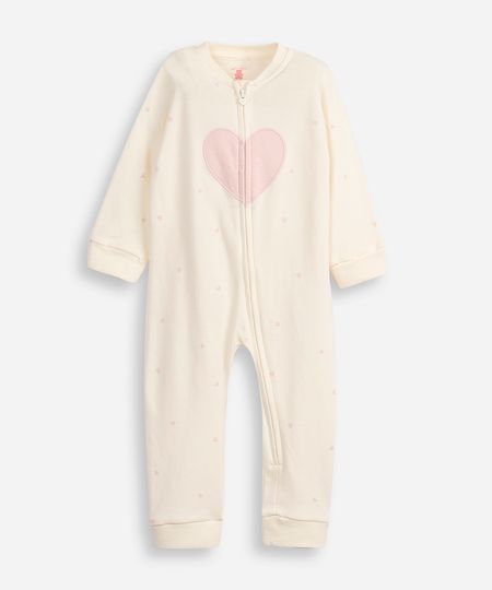 macacão longo de algodão infantil coração off white 3-6