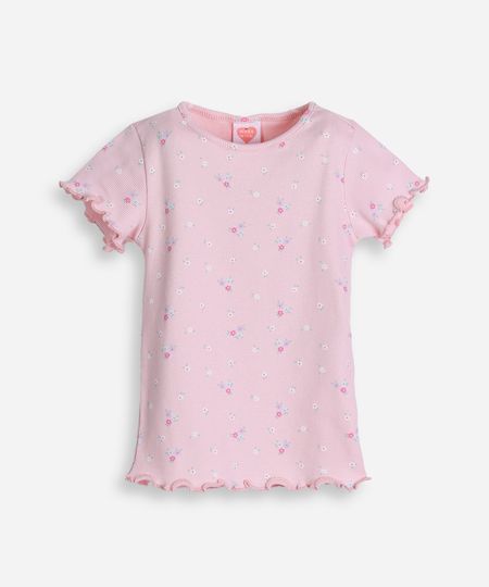 camiseta de algodão infantil com frufru floral rosa 2