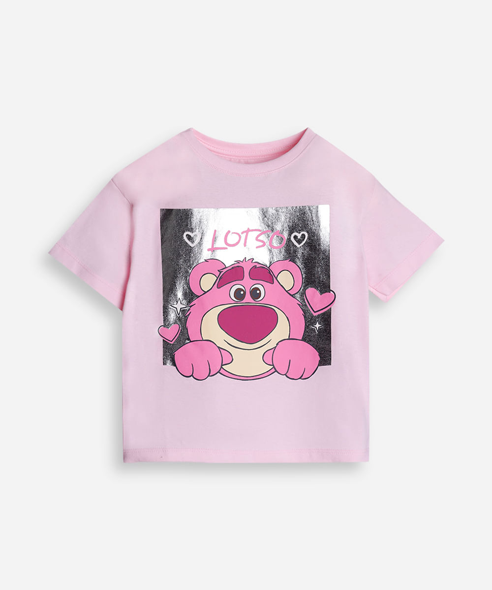 camiseta de algodão infantil manga curta lotso metalizado rosa