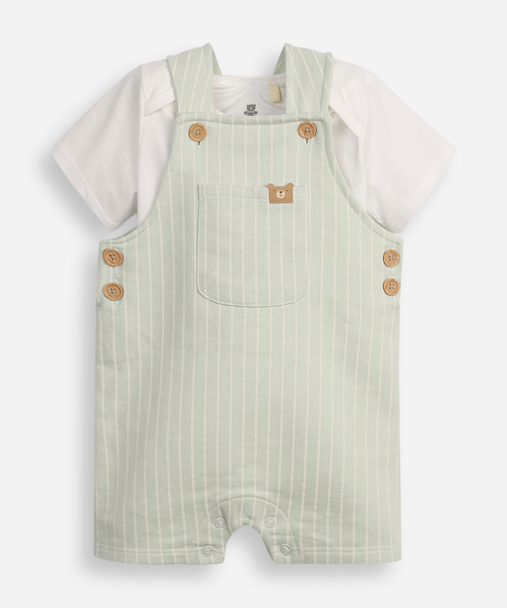 Vista 2 jardineira curta infantil de algodão listrada verde C&A Verde Claro C&A Verde Claro