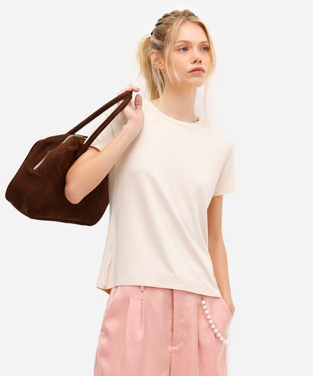 camiseta feminina básica de viscose manga curta bege M camiseta feminina básica de viscose manga curta bege M