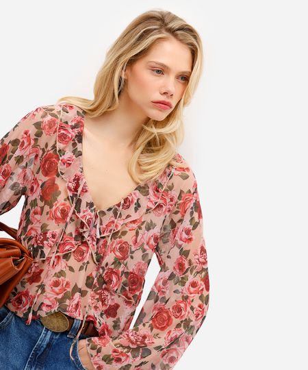 bata feminina de tule com babados floral bege P bata feminina de tule com babados floral bege P