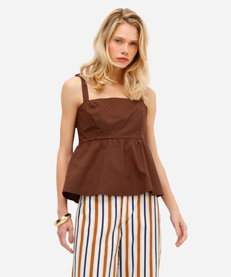 blusa feminina de algodão evasê com amarração marrom PP