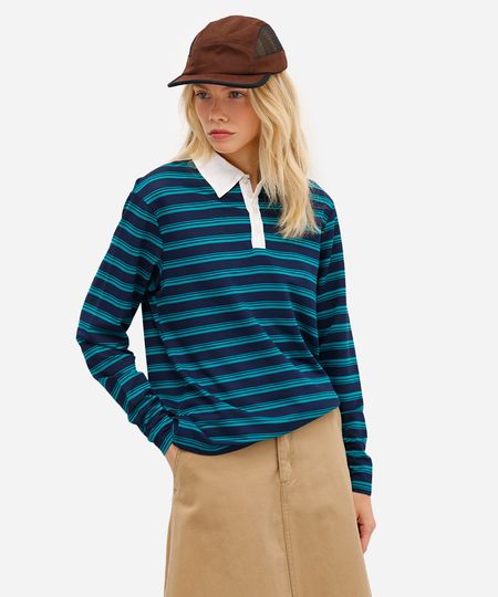 polo feminina de moletinho sem felpa listrada azul P