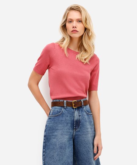 blusa cropped feminina de tricot manga curta rosa PP