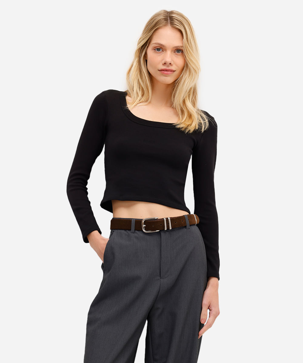 blusa básica feminina de algodão manga longa preta