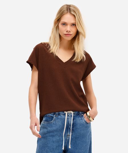 camiseta decote v manga curta texturizada marrom P