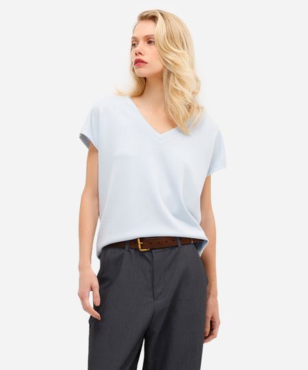 blusa básica feminina decote v manga curta azul P