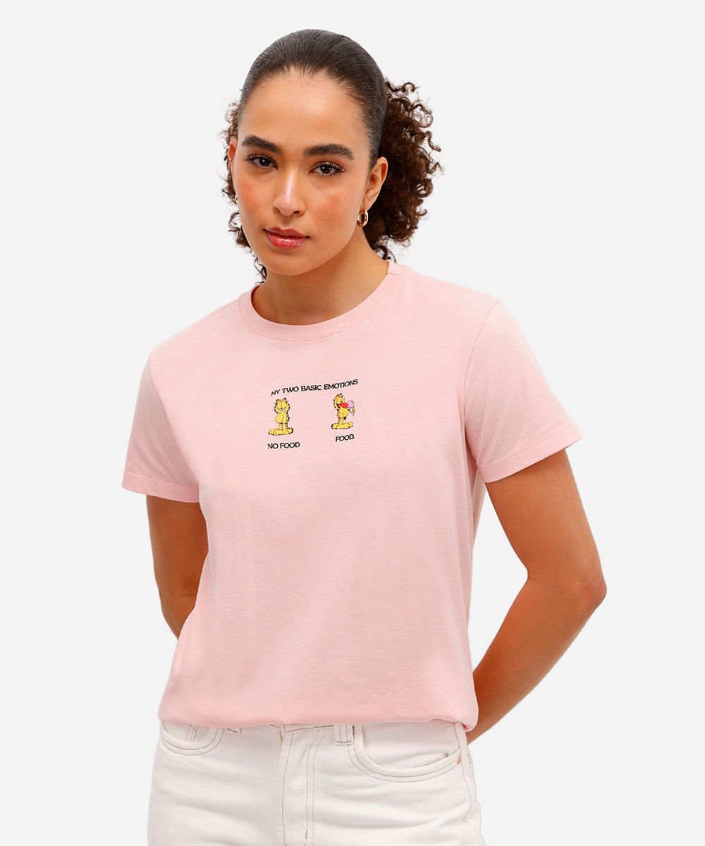 camiseta feminina de algodão garfield rosa
