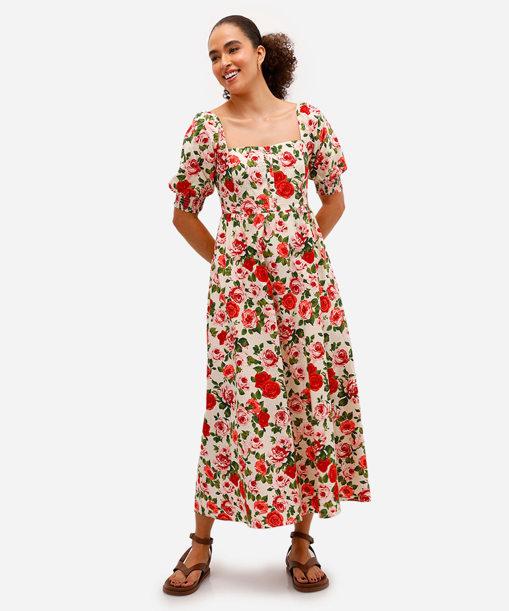 vestido midi feminino de algodão manga bufante floral bege
