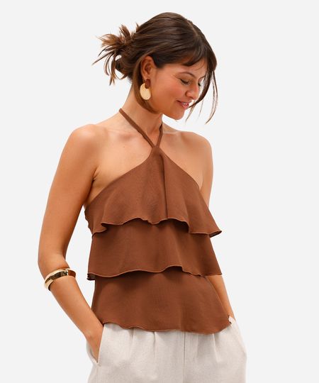 blusa frente única feminina com babados marrom PP